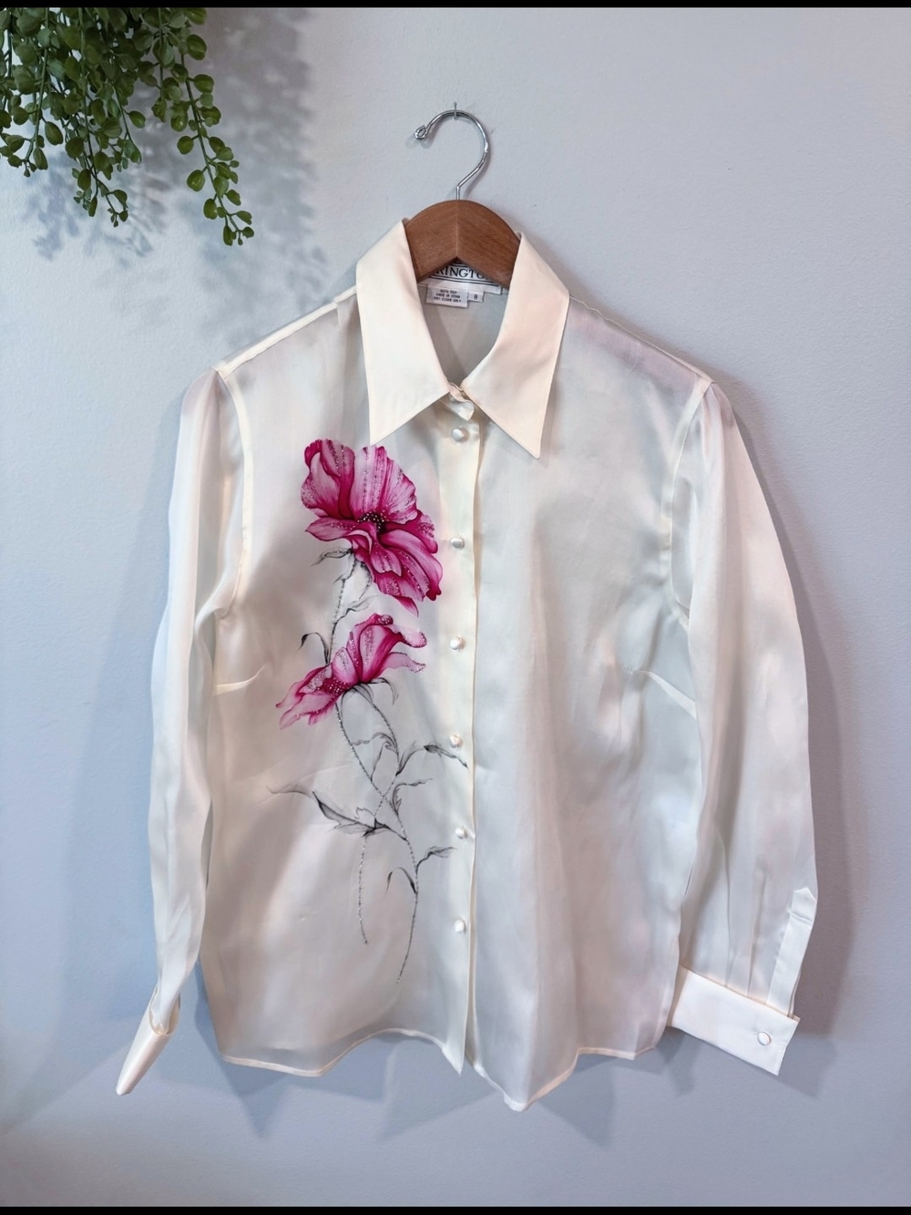 Starington Silk Ivory Blouse with Pink Flowers Size 8